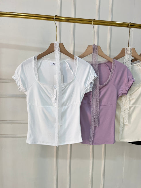 Wide Neck Button Down Lace Detail Tops